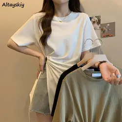 T-shirts Women Side-slit Design Sexy Folds Pure Simple All-match Loose Daily Korean Style Female Casual Summer Long Clothes New