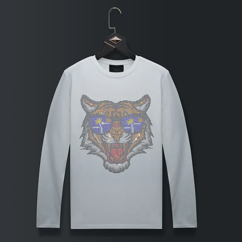 Plus Size Rhinestones T Shirts Men Fashion Streetwear Tiger Pattern O Neck Long Sleeve Slim Modal Cotton Tshirts Mens Clothing