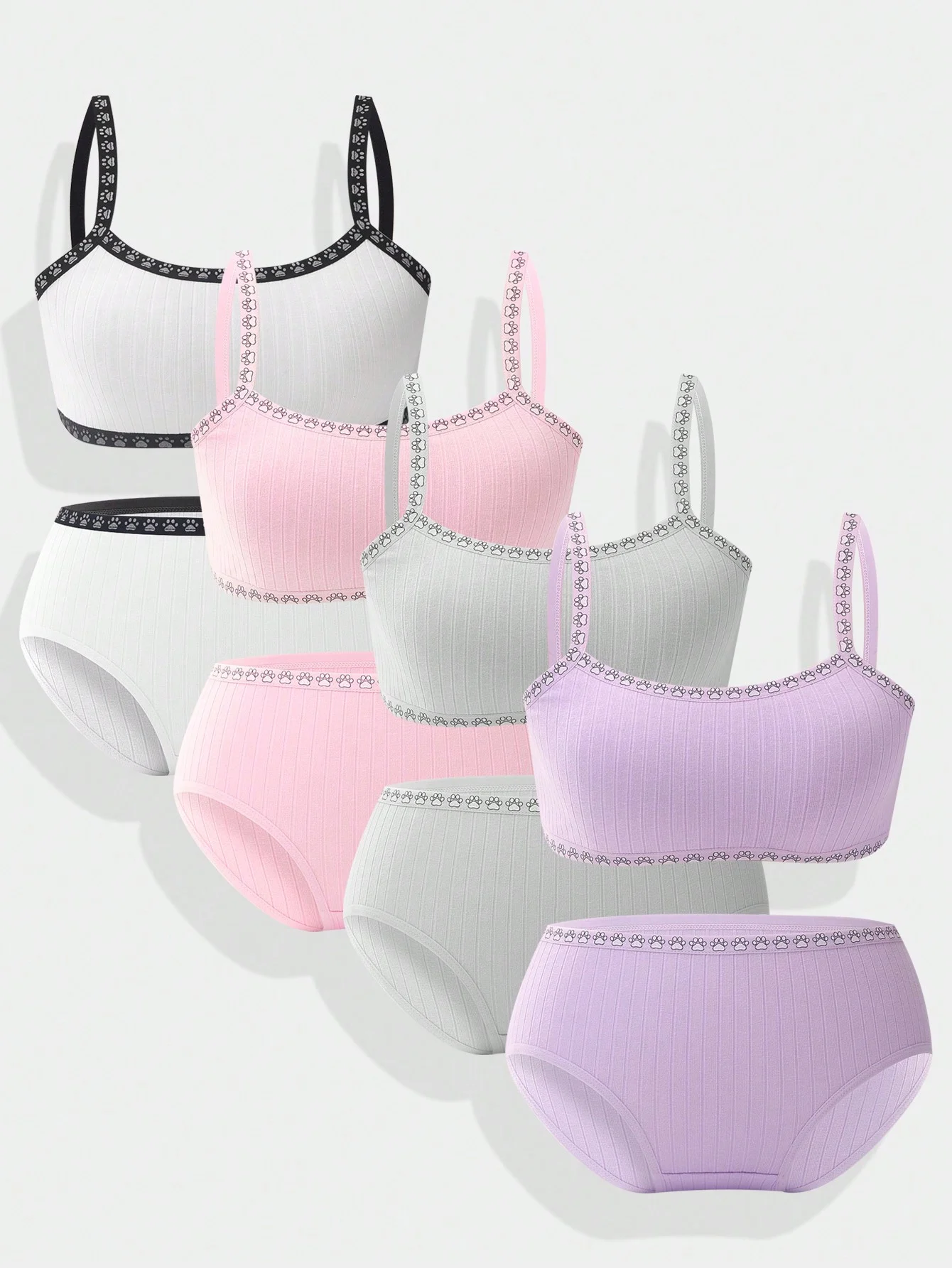 Girls' Simple and Comfortable Wireless Camisole Underwear Set with Breathable Triangle Panties, Four-Piece Lingerie Set