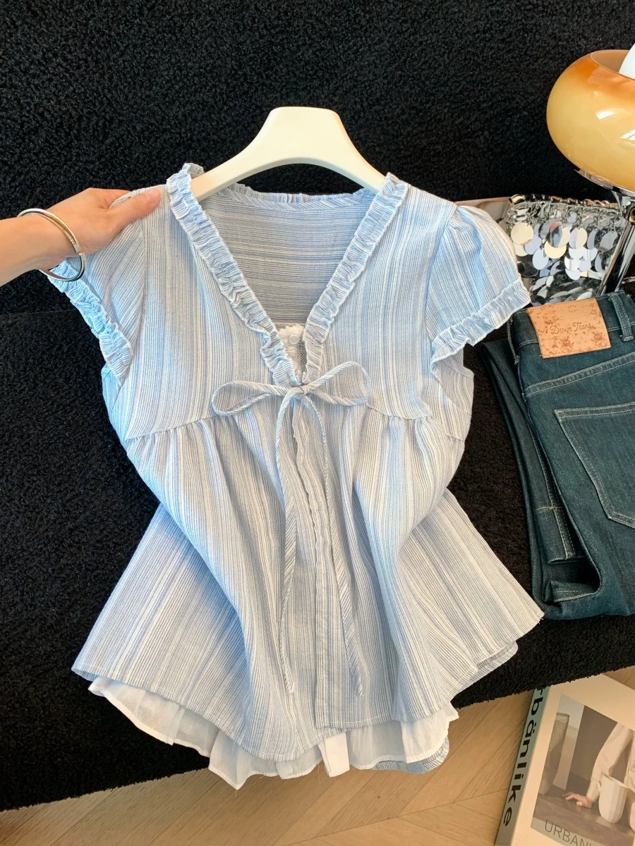 

Korean Style Ruffle Hem V-Neck Blouse Loose Fit Summer New Design Sense Splicing Wide Sleeve Women's Shirt Casual Short Sleeve