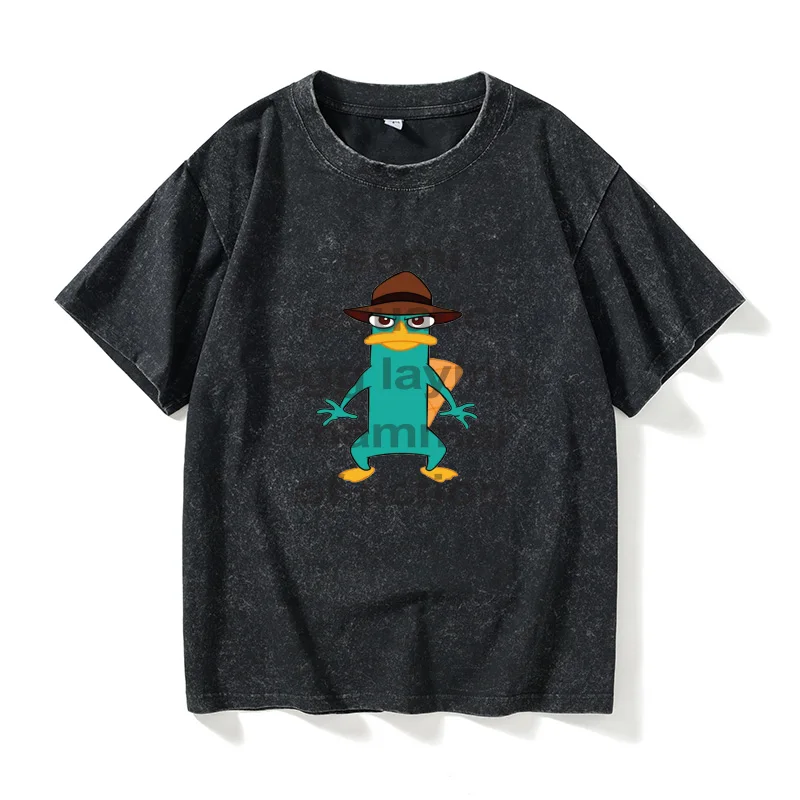 

Футболка с коротким рукавом и круглым вырезом Fige And Little Buddha Secret Agent a Tai Cartoon Dubill Plapus Terry T-irt ort Sve round Ne ex Korean Sle...