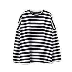 Women Harajuku Striped Tshirt Long Sleeve O-Neck Tee Shirt Spring Autumn Comfortable Casual Oversized T Shirt Femme Black Tops