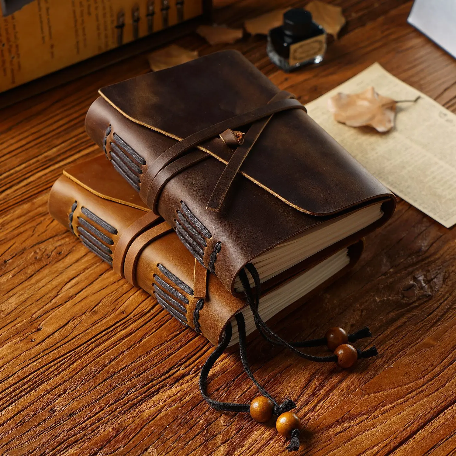 Genuine Cowhide Leather Traveler Notebook Refillable Journal with Waxed Vintage Cover 300 Pages Kraft Paper A5 Size Handmade