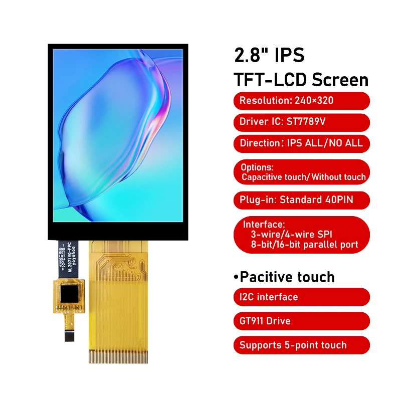 

2.8-inch IPS full view 40pin plug ST7789 capacitive LCD touch screen SPI serial parallel port 320240