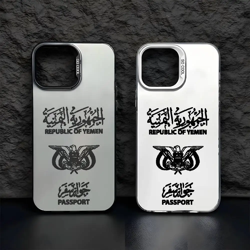 حافظة هاتف بشعار جواز السفر اليمن لهاتف آيفون 17 16 15 14 13 12 11 Pro Max Air متعدد الألوان ماتي ليزر معدني أورورا فوندا