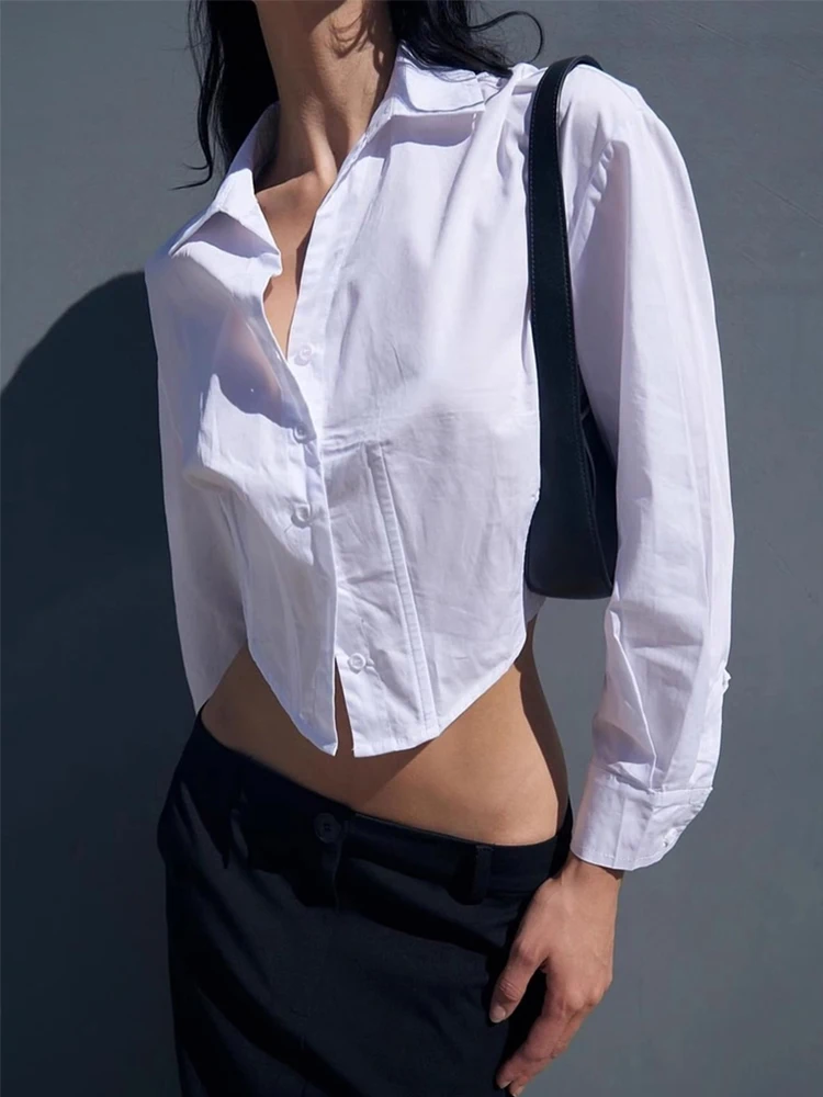 

Sexy Short Cotton Shirt Women's Waist-Cinching Blouse Fashionable Design Straight Cut Long Sleeve White Shirt for Young Women