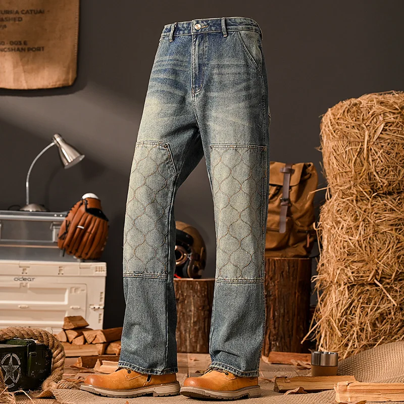 

Splicing jeans men's loose straight leg street fashion retro hip-hop trend personality wide leg pants