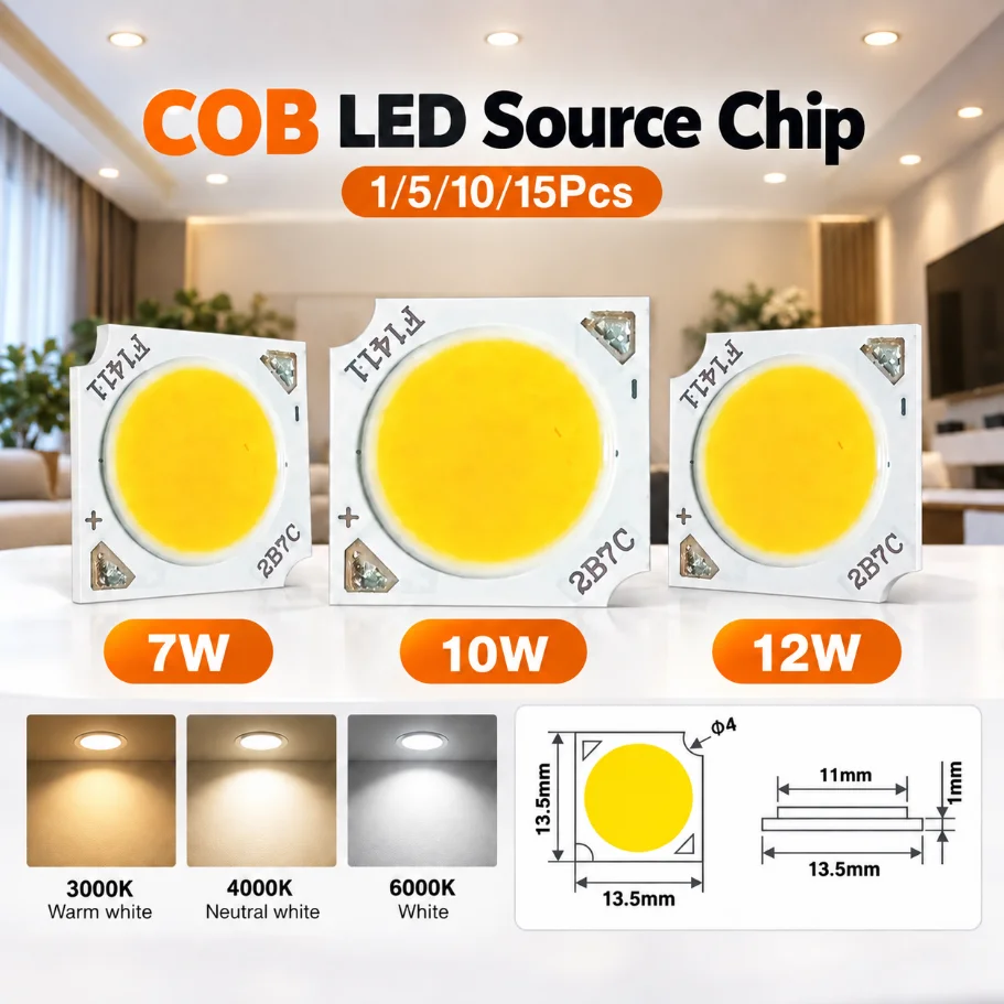 1/5/10/15Pcs COB LED Source Chip High Power 7W 10W 12W  LED Light Bead 3000K 4000K 6000K for Downlight Spotlight DIY Lighting
