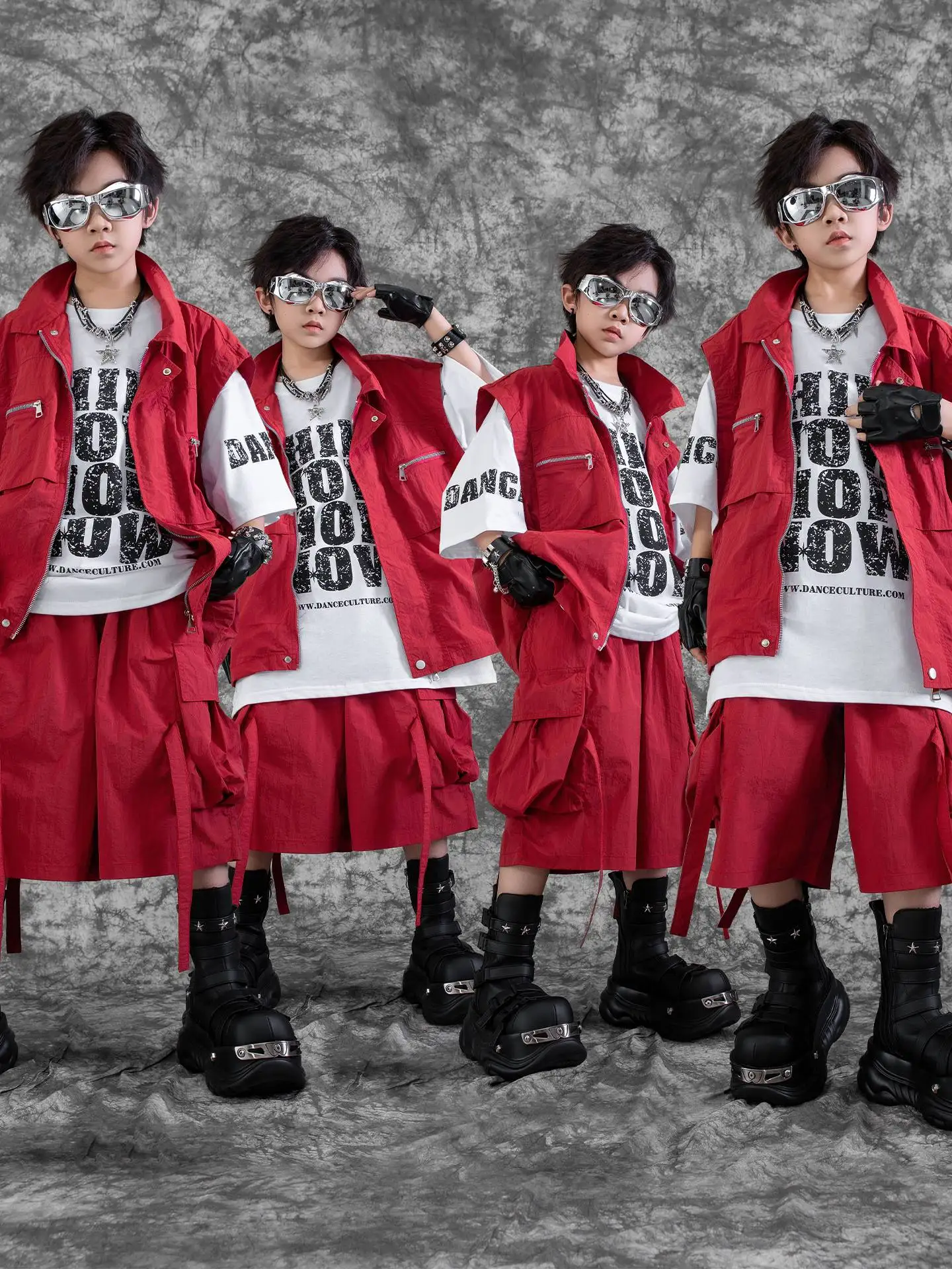 

2025 Kids Hip Hop Clothing Boys Girls Jazz Dance Performance Outfit Red Vest Shorts Summer Concert Outfit Stage Wear BL16443