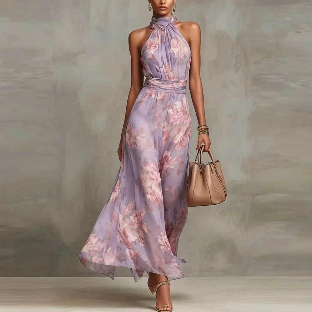 Vintage Maxikleid aus Chiffon mit Neckholder, ärmellos, rückenfrei, hoher Taille, Schlitz, fließend, mit floralem Aquarellmuster für Abend und Hochzeit – Detail 12