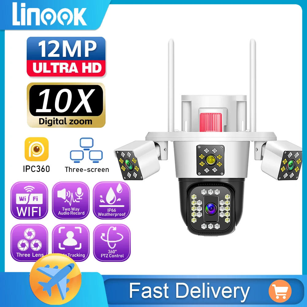 Linook 12MP 8K 3-lens 10x zoom WiFi monitoring camera CCTV outdoor WiFi camera IP camera PTZ security protection