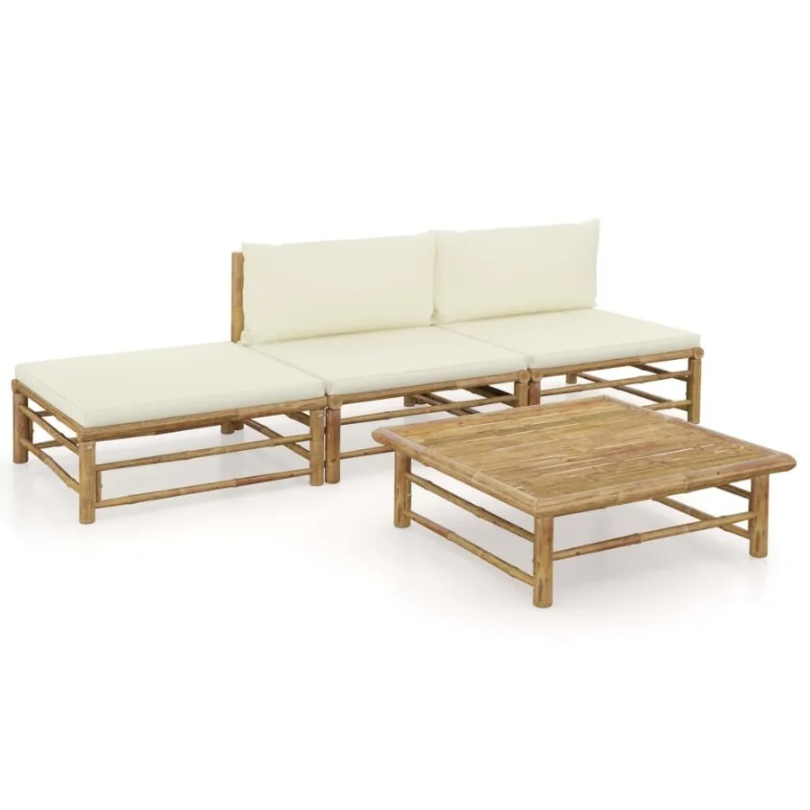 

4 Piece Patio Lounge Set with Cream White Cushions Bamboo