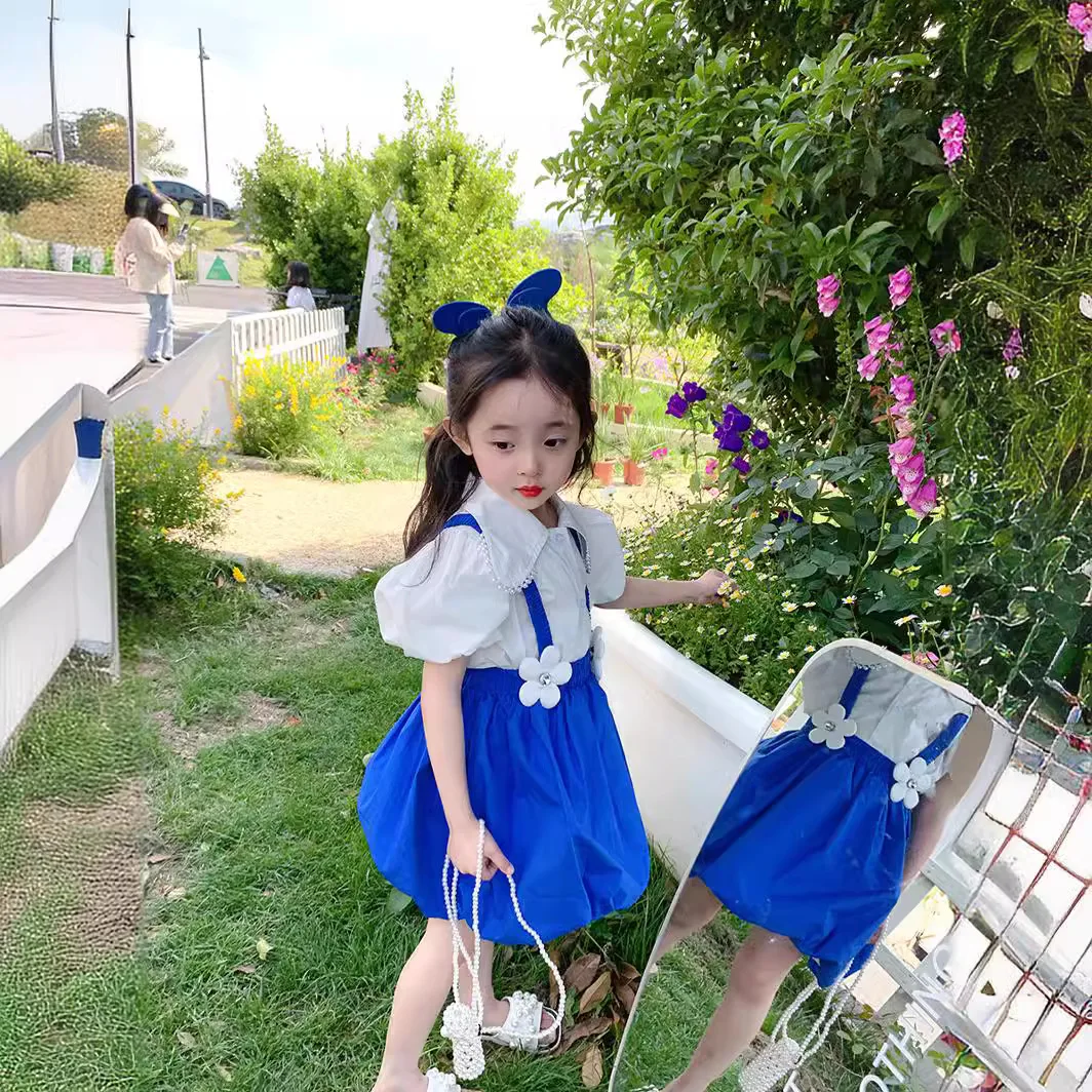 2022 Summer New Klein Blue Girls' Fashion Shirt And Strap Skirt Two Piece Set