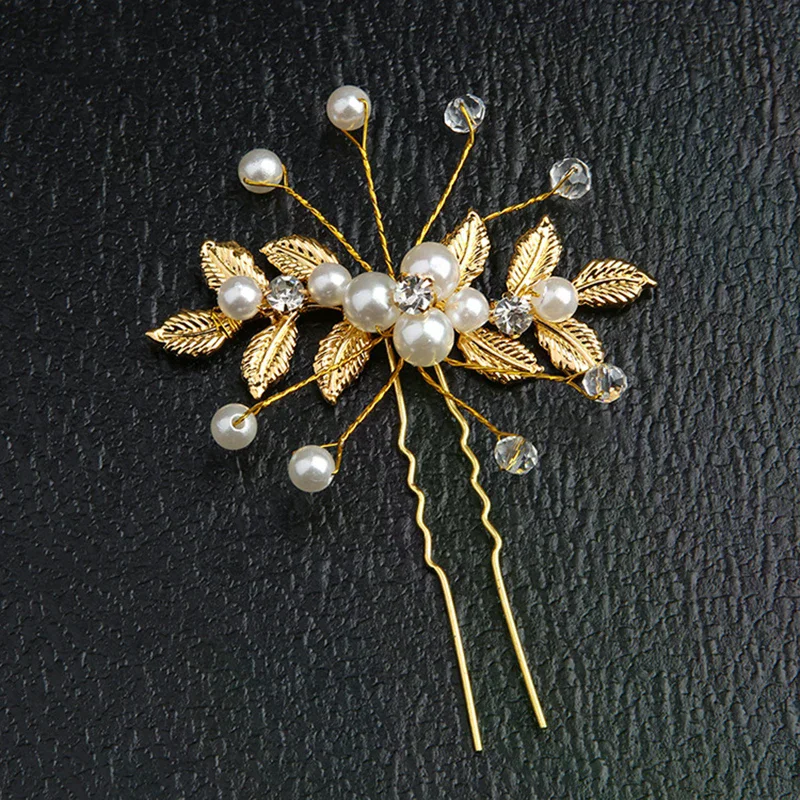 Crystal Pearl Flower Hair Pins Clips U-Shaped Hairpin Gold Leaf Pearl Hair Fork  Headdress Wedding Hair Accessories Rhinest