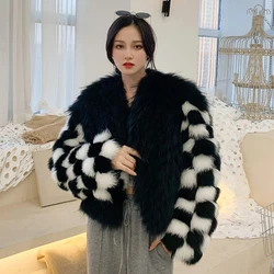 New Winter Warm Faux Fur Coat Women Black White Contrast Color Long Sleeves Checked