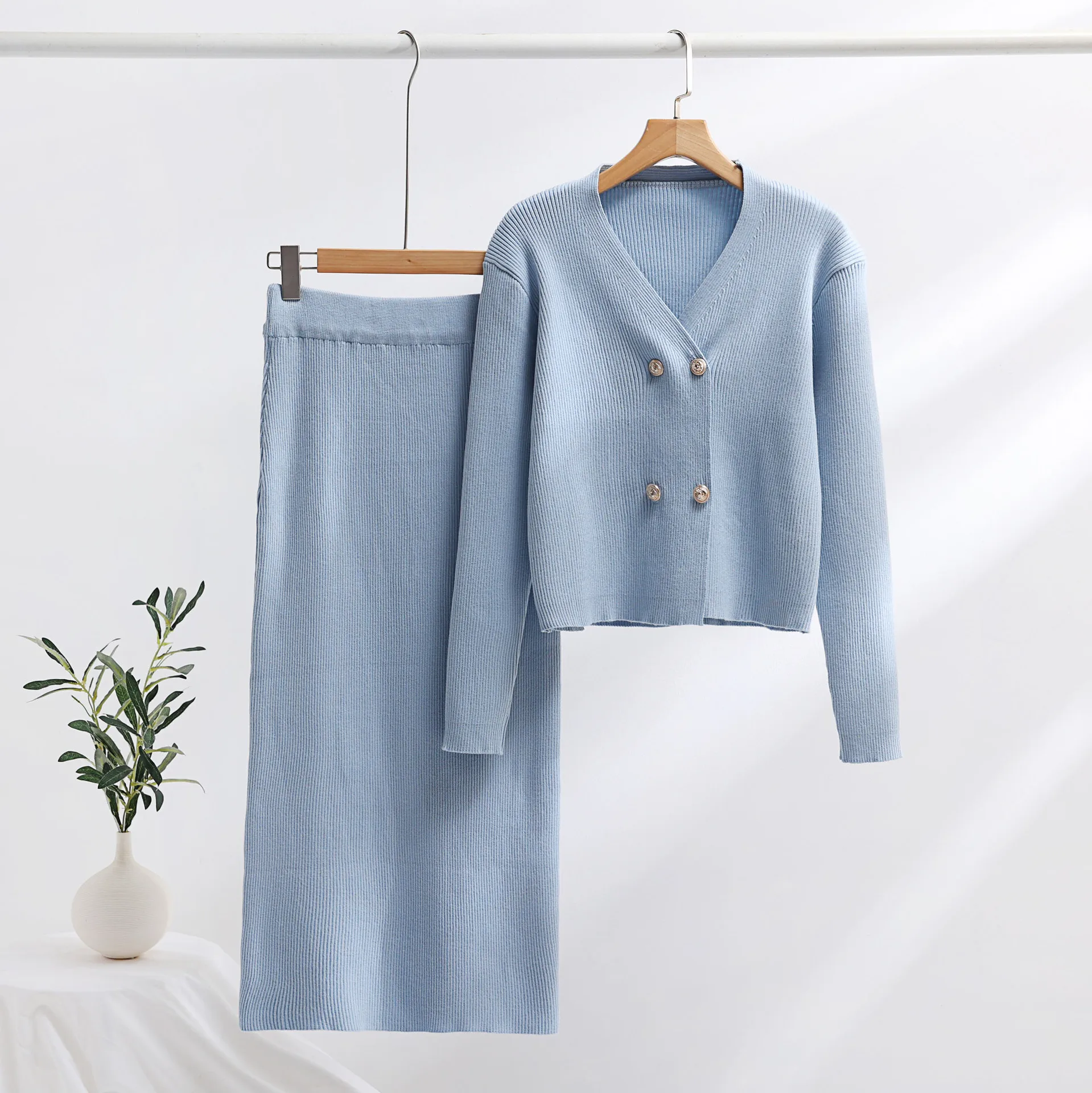 Elegant Design Knitted 2 Piece Sets Women V-neck Long Sleeve Knitwears Short Cardigan Tops Suits Casual Slim Skirts Conjuntos