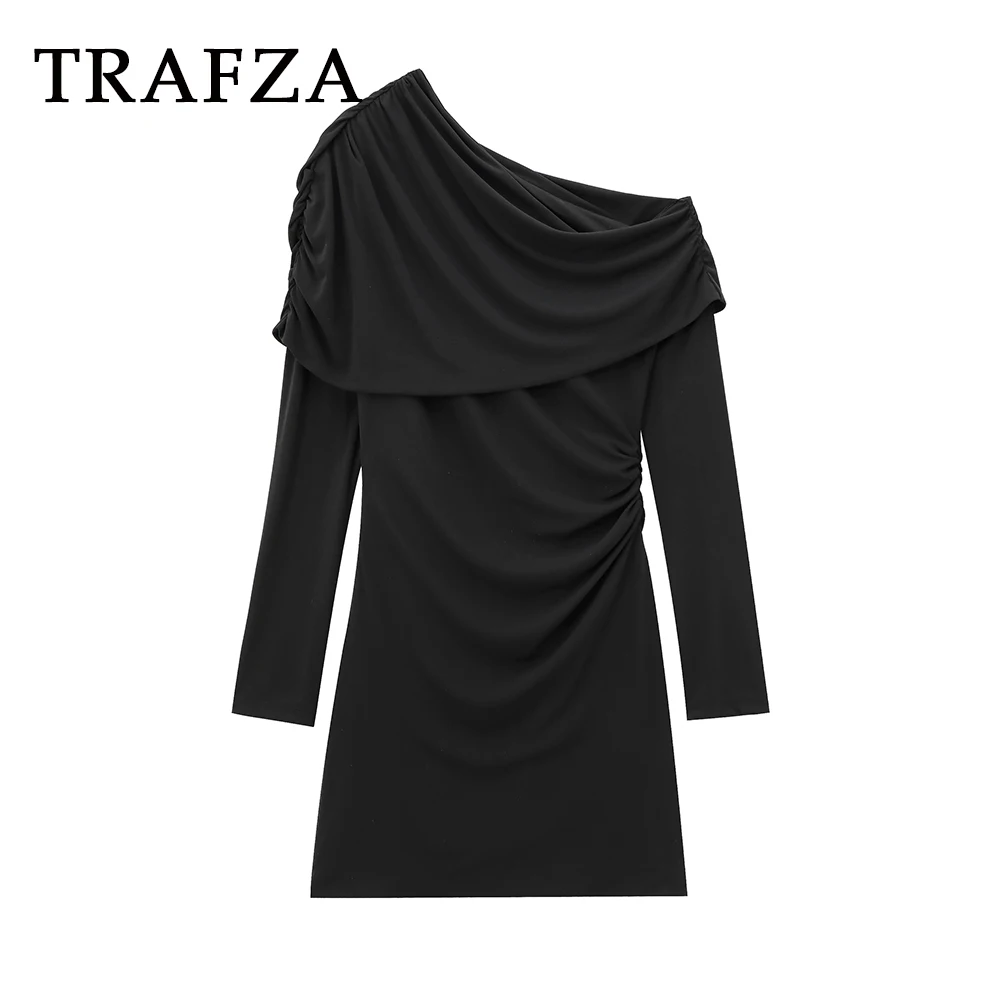 

TRAFZA Chic Black Off Shoulder Pleated Asymmetrical Dress Evening Party Woman Sheath Dresses Fashion 2025 Female Chic Vestidos
