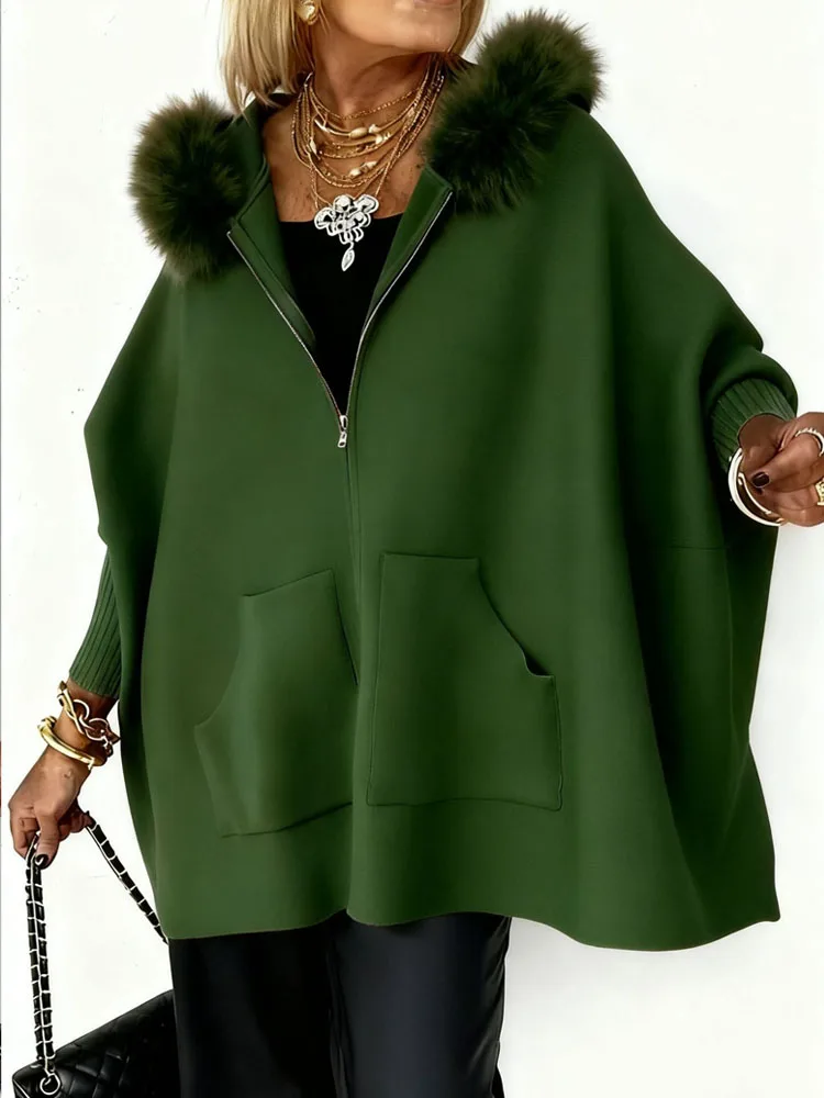 가을 겨울 신상 여성 시크 출퇴근 아우터 패션 퍼 후드 롱 슬리브 가디건 우아한 여성 단색 루즈 코트