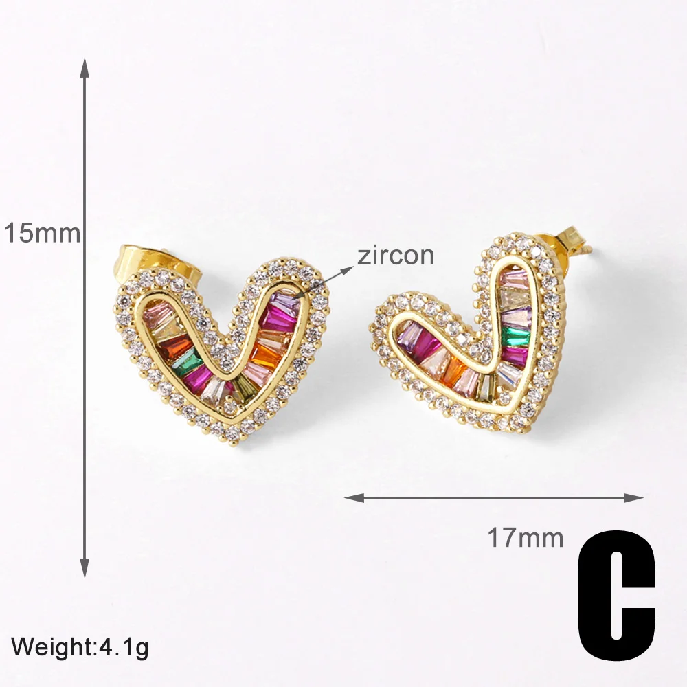 FLOLA Multicolor Crystal Heart Stud Earrings for Women Gold Plated Ball Semicircle Ear Studs Rainbow Jewelry ersa348