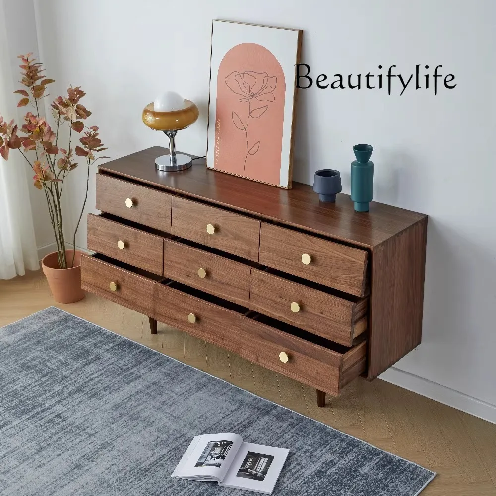 

Black Walnut Nordic Solid Wood Storage Side Cabinet Bedroom Living Room Storage Cabinet Modern Solid Wood Furniture