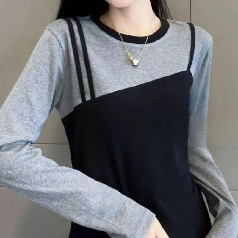 

Street Casual Contrast Patchwork T Shirts Long Sleeve All-match Youth Vintage Tops Women Clothing Fashion Trend Spring Autumn