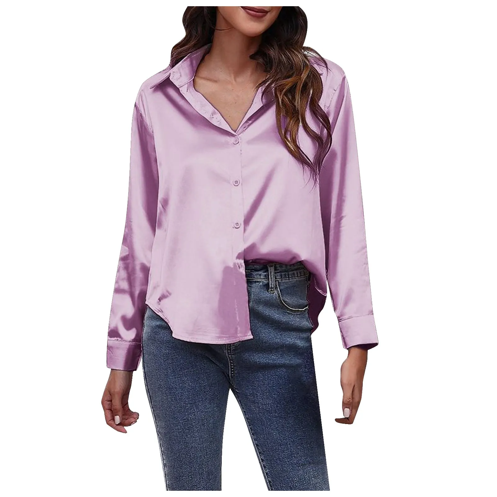 Fashion Solid Color Long Sleeved V-Neck Satin Imitation Silk Shirts For Women High Street Breathless Daily Chemise Femme Chic