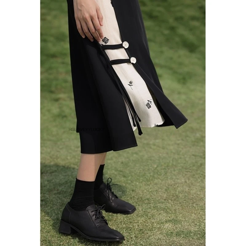 New Chinese Style Black Women's Skirt  Summer New Floral Patchwork Slit Niche Mid-length Skirt Women Daily Improved Skirt