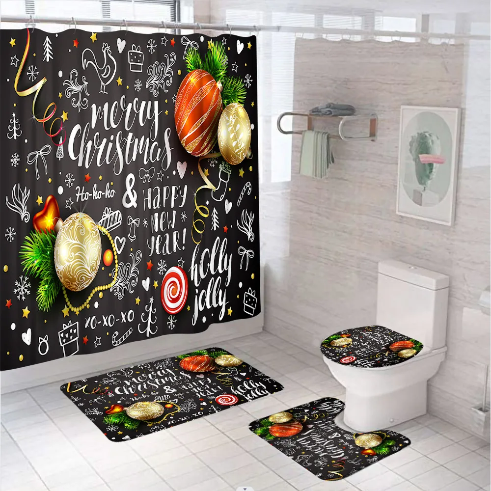 Merry Christmas Bathroom Set Shower Curtain Rugs Accessories Xmas Ball Happy New Year Letter Screen Winter Holiday Bath Mat Home