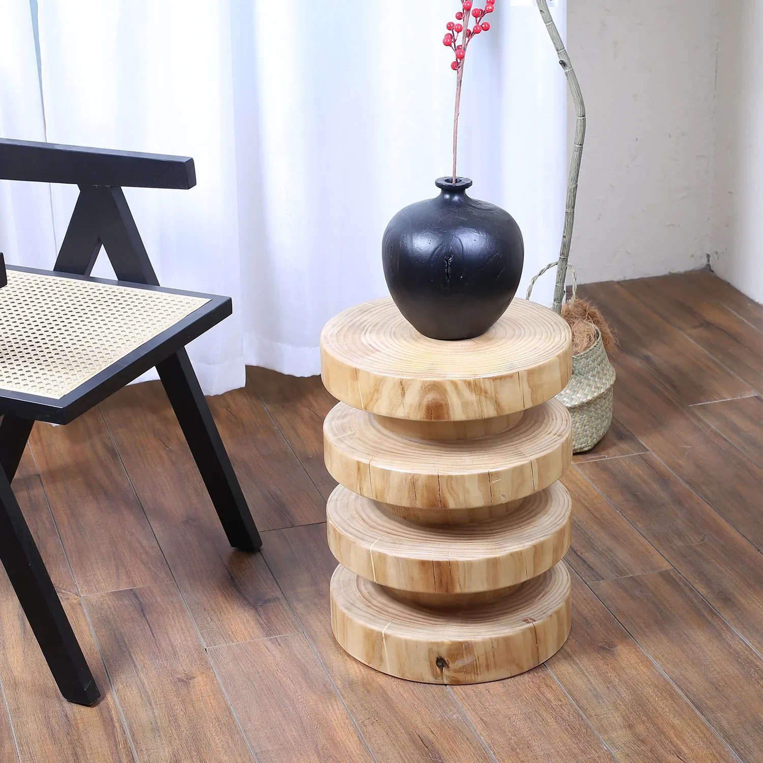 Wabi-sabi style, solid wood stump side table, carved low stool, carbonized black solidwood stum sidetable, homestay wooden st