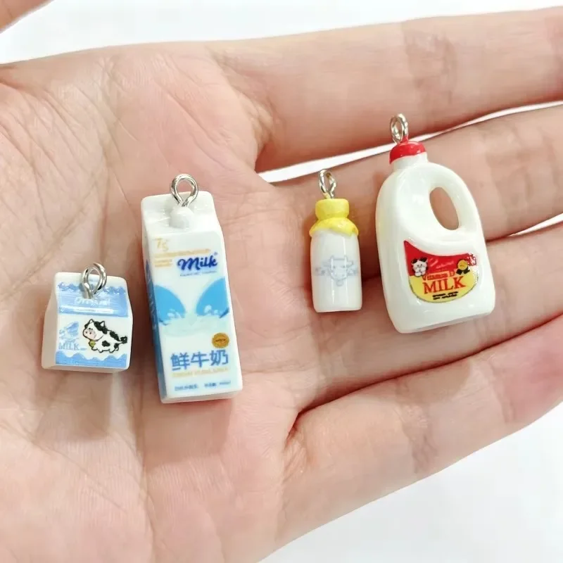 8 piezas de colgantes de resina con forma de botella de leche simulada, mini dijes de bebida para pulseras, pendientes, llaveros y manualidades.