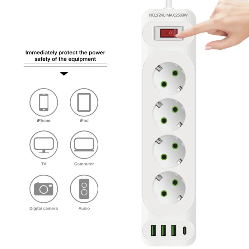 Spina ue ciabatta 4 presa ca estensione Multitap con 4 porte USB presa elettrica con cavo da 2m protezione da sovratensione a carica rapida da 2500W