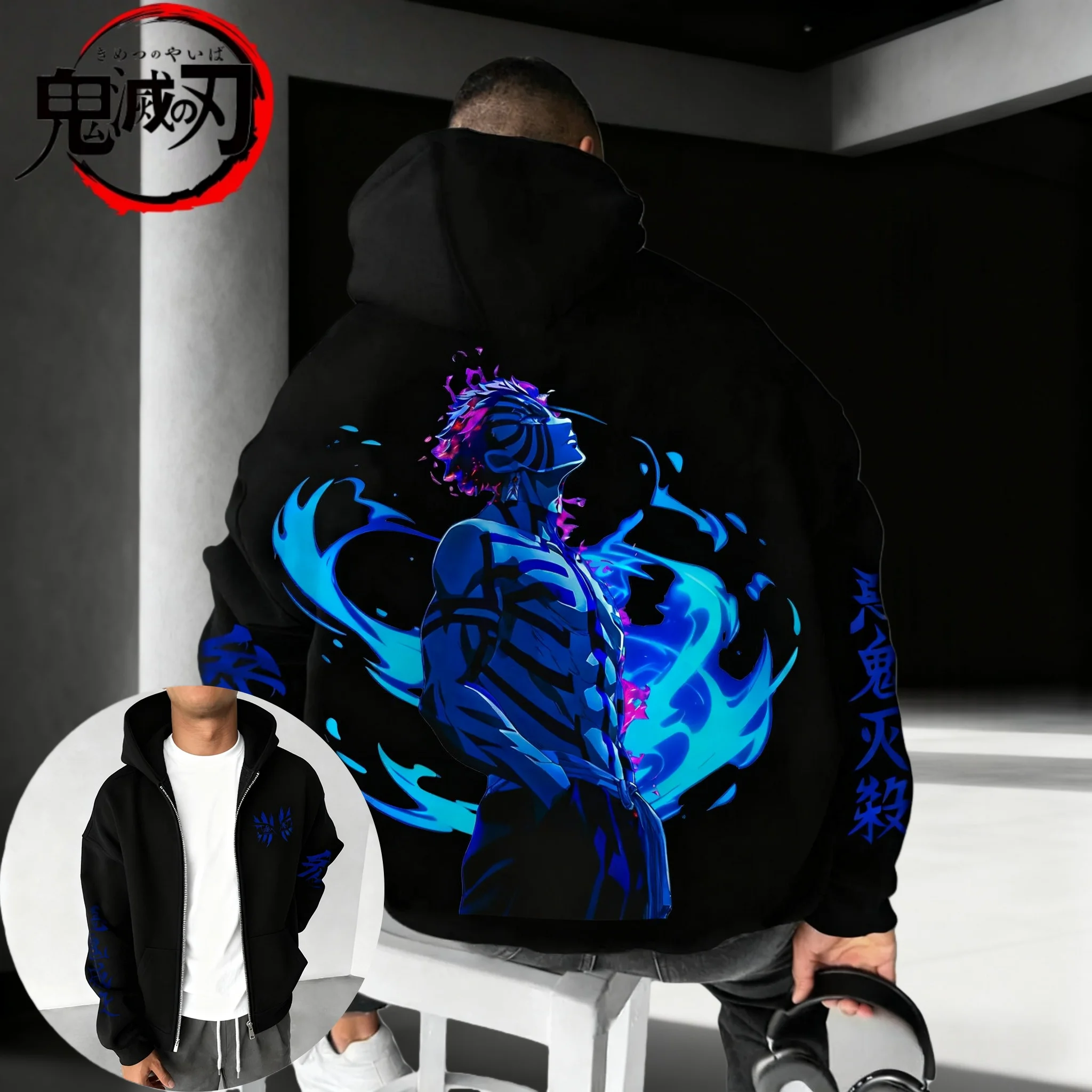 Demon slayer anime akaza impresso zíper hoodie 2025 das mulheres dos homens outono/inverno americano hip hop moda casual algodão com capuz com zíper