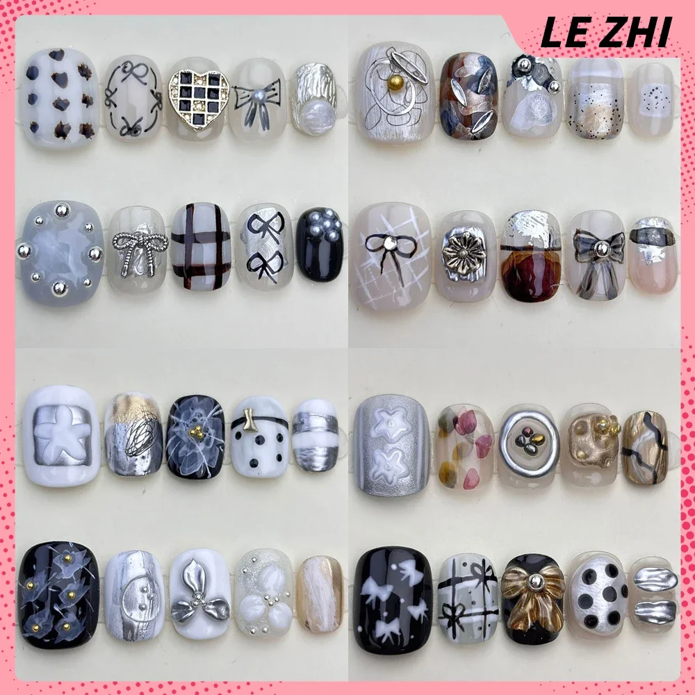 

10Pcs Lovely Short Square Round Handmade Wearable Press On Nails Hand-Painted Flower Bowknot Pearls Diamond Gradients Fake Nails