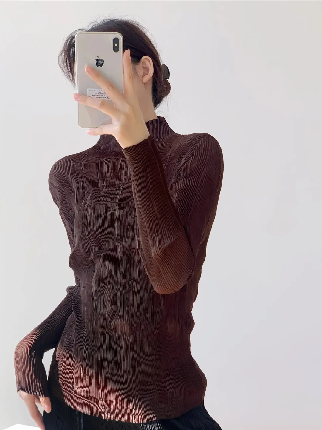 

Japanese Sle Women's Slim Fit T-irt f High Collar Long Sve Polyester Fiber Faionable Versatile Folded Willow Bran...