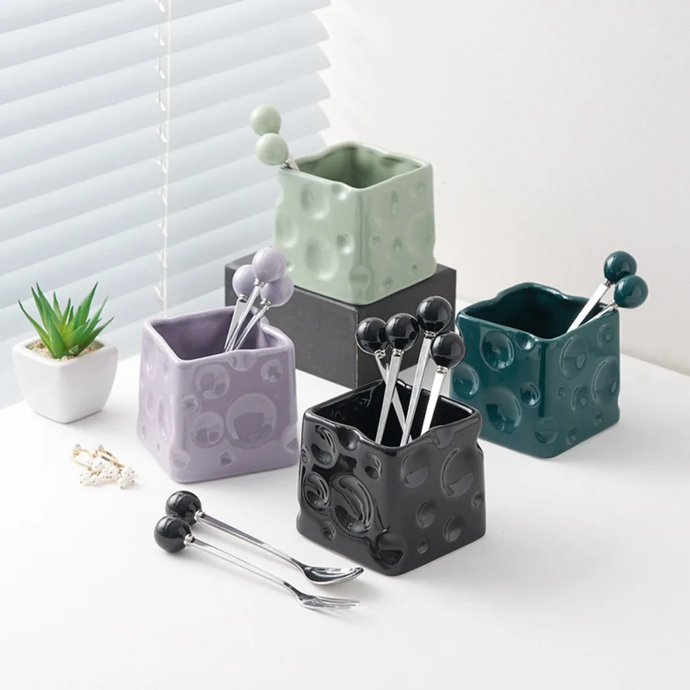 

Cream Style Ceramic Pen Holder Fruit fork Multifunctional Ceramic Storage Jar Pencilcase Stationery Makeup Brush Holder