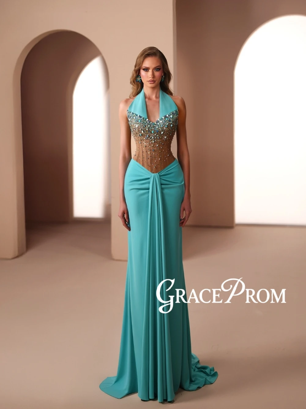 

Turquoise Halter Unique Evening Dress Rhinestone Embellished Sheer Bodice Mermaid Formal Gown Customized Dainty Party Prom Wear