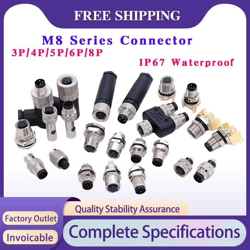 

5/20/100 Sets M8 Series Connector Straight/Curved/Flange 3/4/5/6/8 PIN IP67 Waterproof Male&Female Sensor Aviation Plug Socket