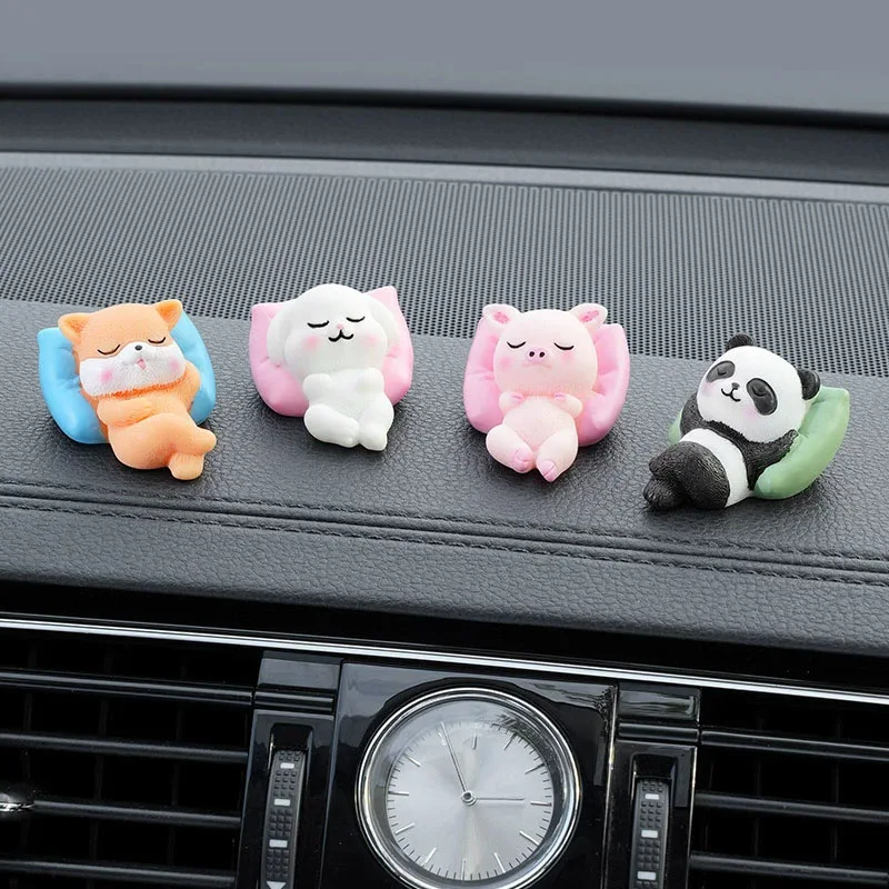 4pc Cute Panda & Bunny Car Dashboard Decor Relaxed Resin Animal Figurines for Car Interior Decor & Home Office Desk Mini Statues