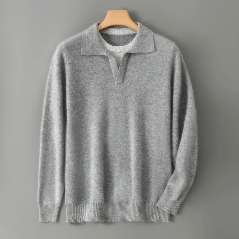 

Новый шикарный осенне-зимний мужской вязаный свитер из 100% мериносовой шерсти с воротником-поло, умный повседневный пуловер, мягкая теплая одежда, шерстяные топы