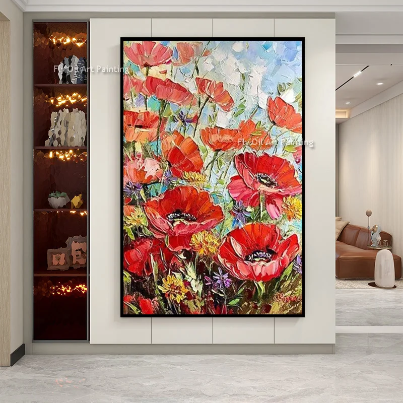 Handmade New Design Red Flowers Filed Canvas Thick Artwork For Room Hall Decor White Yellow Florals Modern Oil Painting As Gifts