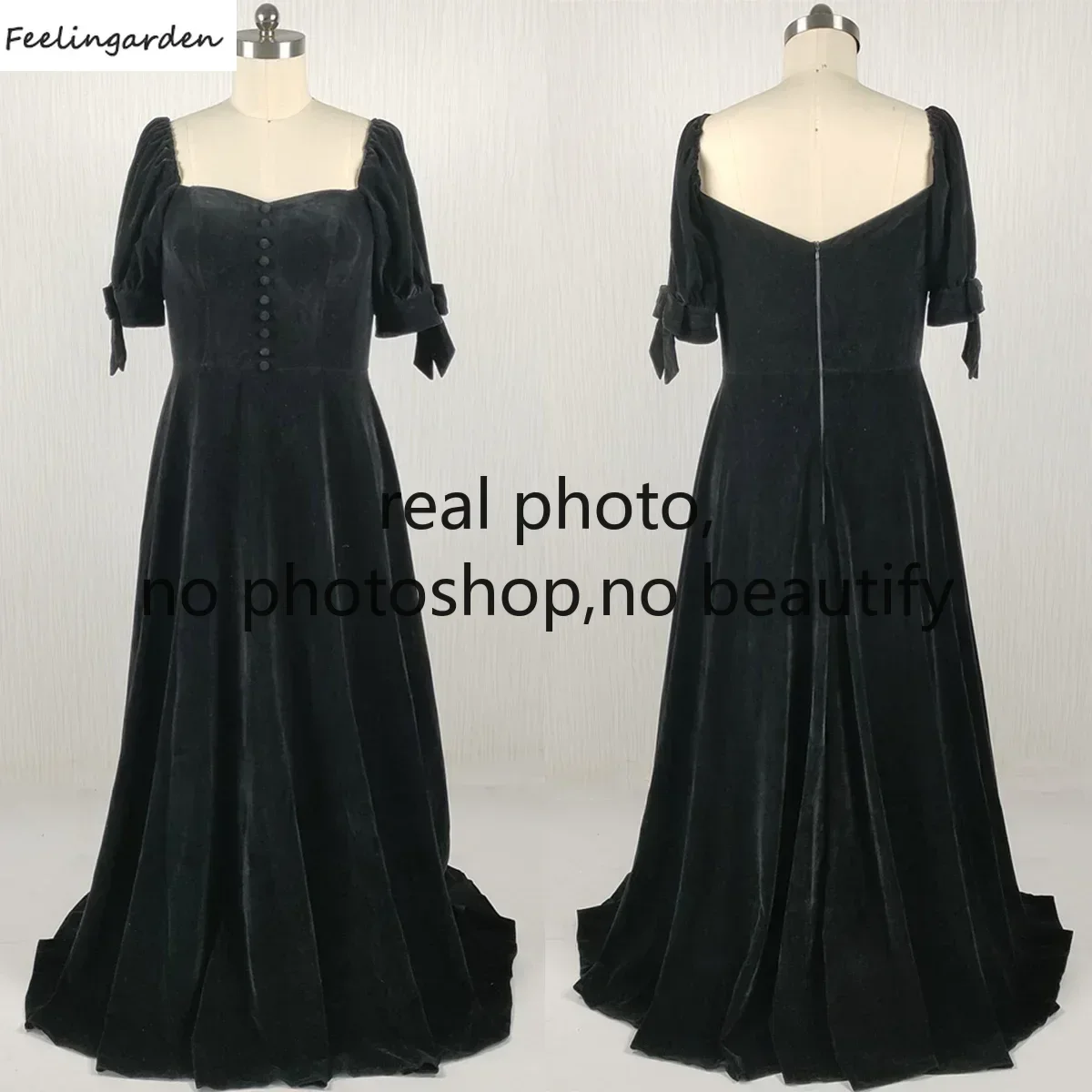 Feelingarden Customized Real Photo Plus size Evening Dresses Black Velvet Buttons Square Collar Floor Length Party Formal Gowns