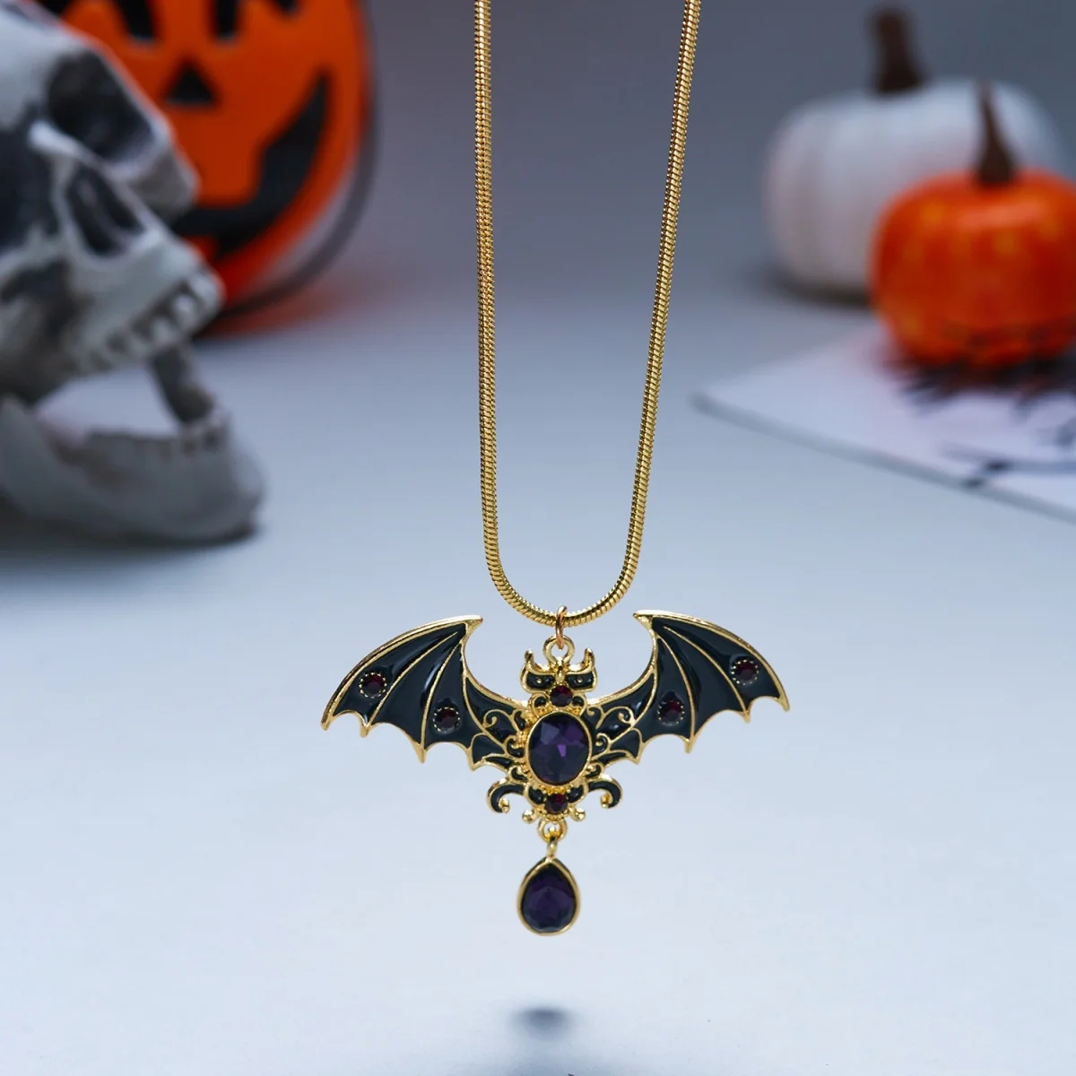 Kreative Gothic-Halskette mit rot-weißem Kristallperlen-Fledermaus-Anhänger für Damen und Herren, Halloween-Punk-Flugfledermaus-Choker, Cosplay-Party-Schmuck – Detail 30