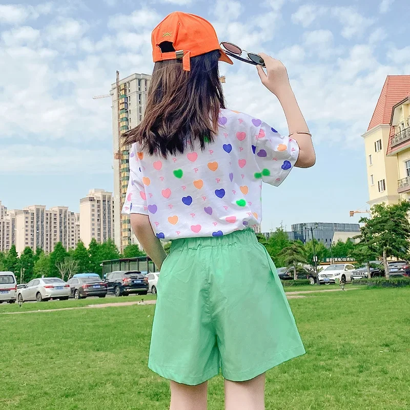 Teenager Girls Suit 2-piece Summer Love Print Short-sleeved Shorts New Children\'s Clothes for Casual Outer Wear Children\'s Sets
