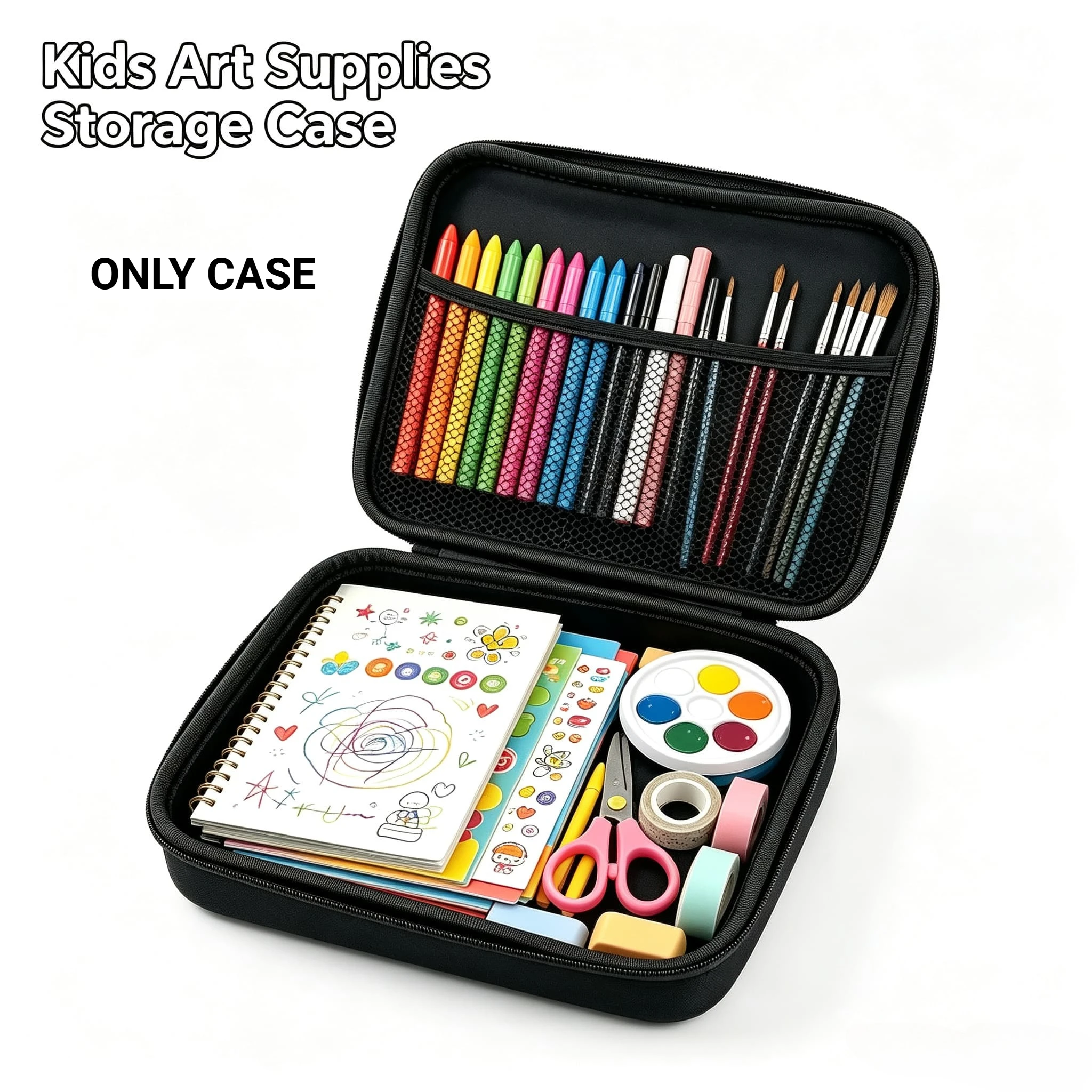 Kids EVA Hard Shell Art Supplies Carrying Case, Portable Shockproof Art Storage Organizer, Dual Zipper Hand Strap Travel