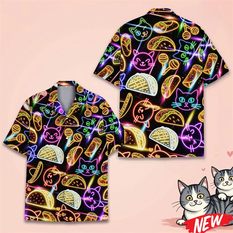 

Neon Cat Graphic Hawaiian Shirt Men New Design 3d Printing Animal Shirts Summer Street Short Sleeve Tops Loose Lapel Blouse