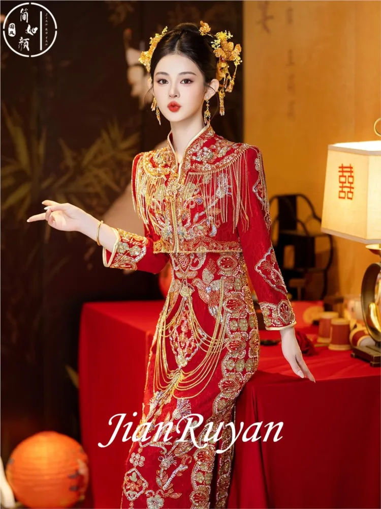 Heavy industry cheongsam new Chinese-style engagement dress set red wedding for the bride's and