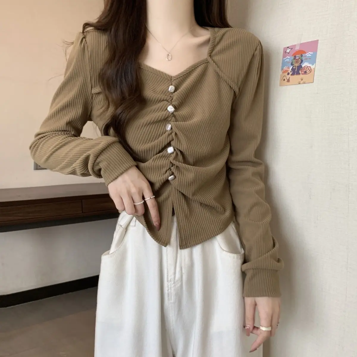 Pleated Button Irregular T-Shirt 2024 Autumn Button New Korean Version V-Neck Solid Color Long-Sleeved Top Slim Bottoming Shirt
