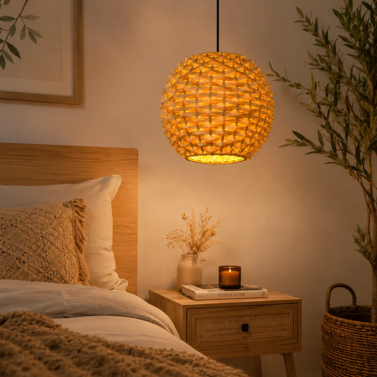 

JOYINLED E27 Handmade Bamboo Hanging Lamp 30/40cm Ball Shade Chandelier for Island Restaurant Dining Room Living Room Lighting