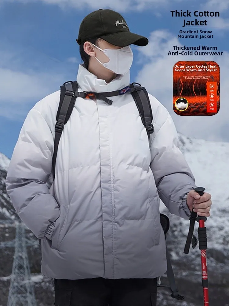 

Trendy Gradient Thickened Cotton Jacket Men's Winter Warm Simple Stand Collar Snow Mountain Coat Outerwear Polyester Fiber