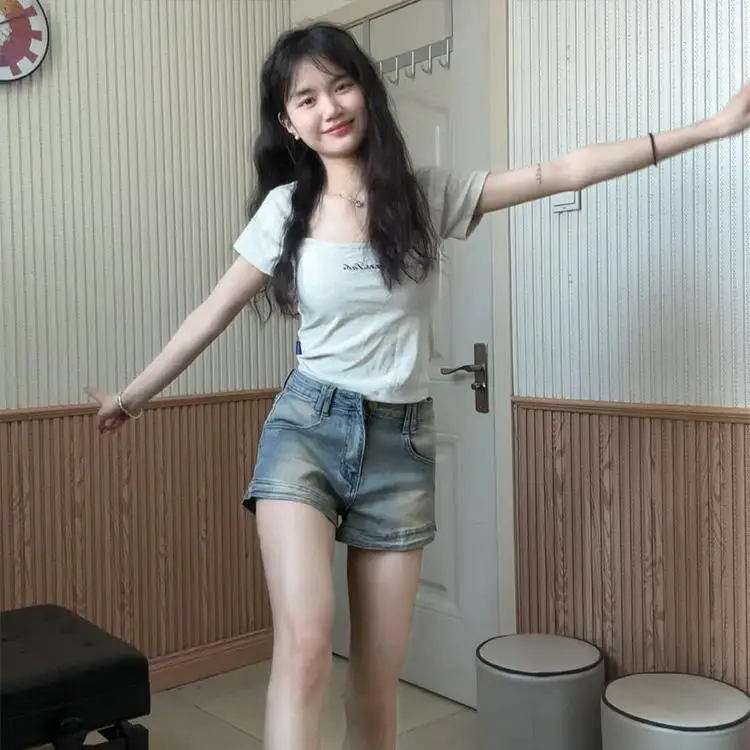 

Retro American Denim ort orts Women's Thin High Waist Elastic Slim A-Line Spicy Straight Leg Wide Leg Pants